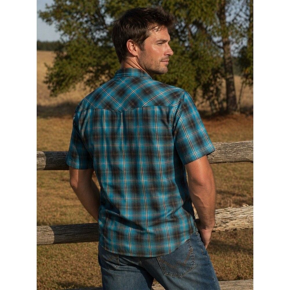 Wrangler Shirt Mens XL Blue Plaid Short Sleeve Pearl Snap Button Western Casual - Picture 4 of 7
